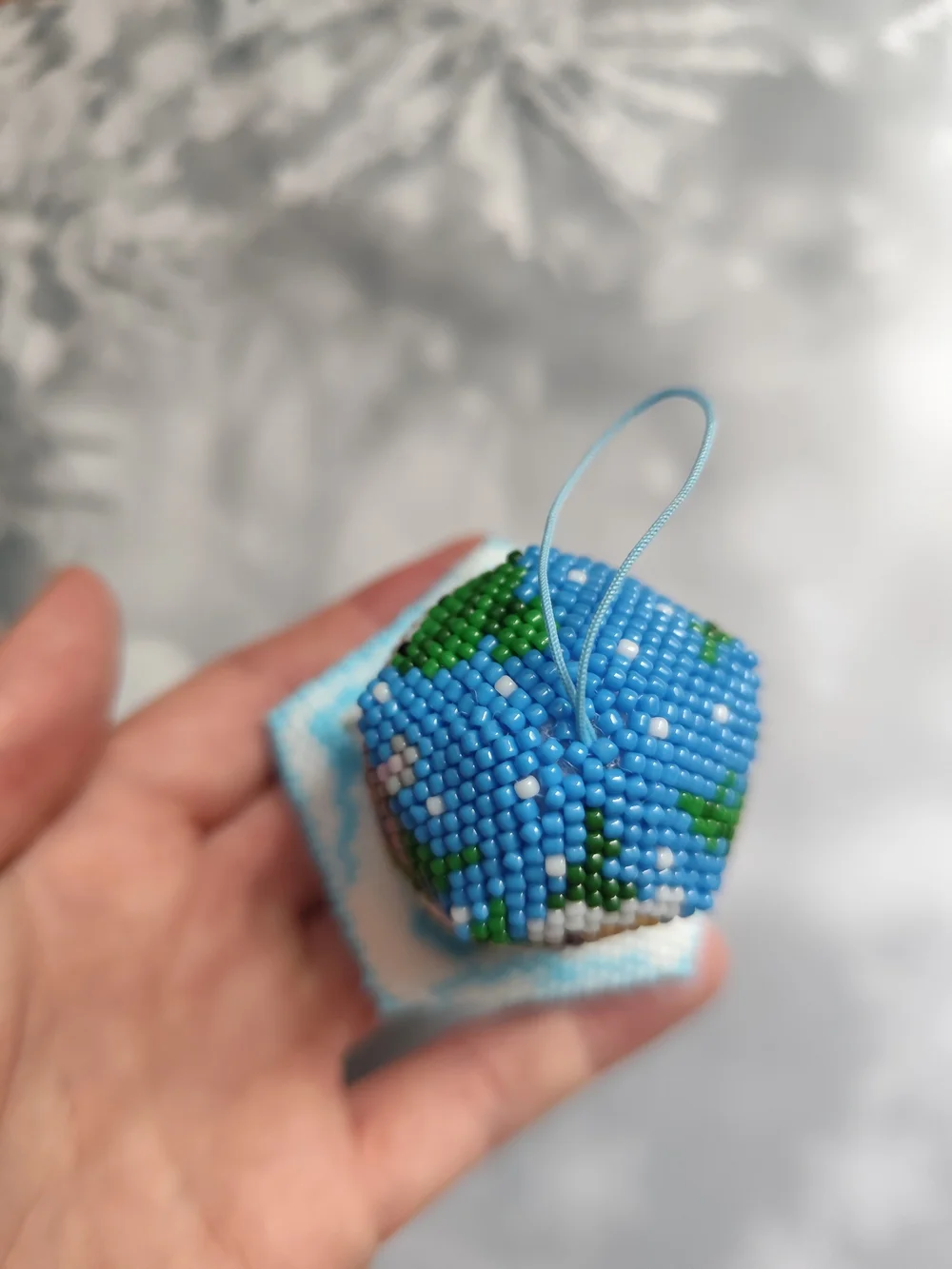 Handmade Blue Beaded Snowman Holiday Ornament